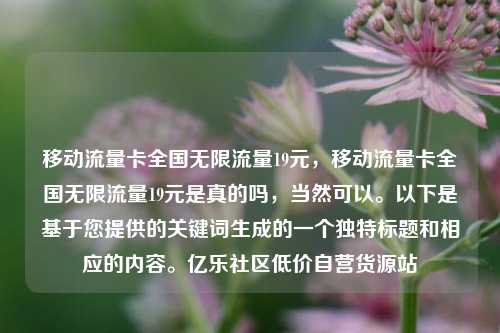 移动流量卡全国无限流量19元	，移动流量卡全国无限流量19元是真的吗，当然可以。以下是基于您提供的关键词生成的一个独特标题和相应的内容。亿乐社区低价自营货源站  第1张