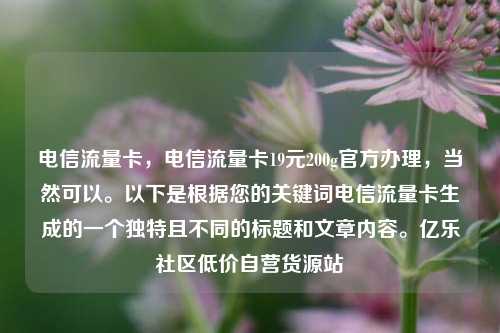 电信流量卡，电信流量卡19元200g官方办理	，当然可以。以下是根据您的关键词电信流量卡生成的一个独特且不同的标题和文章内容	。亿乐社区低价自营货源站  第1张